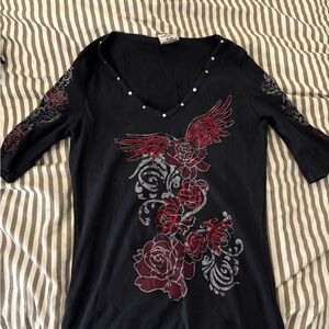 Ed Hardy Black Top with Red and Silver Embroidery